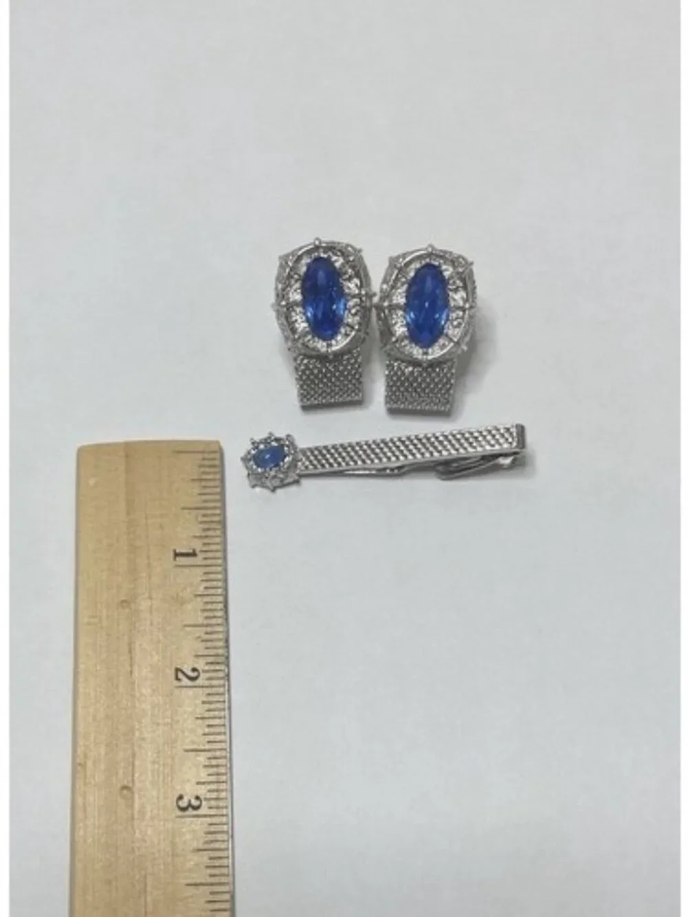 Vintage Mesh Cufflinks/Tie Clip Set Blue Rhinestone Silver Tone Retro MCM Dapper